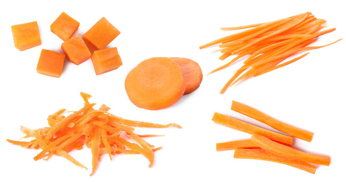 Fresh carrots isolated on white, collage. Different types of cuts