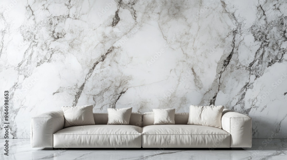 Aufkleber 3d rendering of a modern sofa in an abstract interior with a marble surface