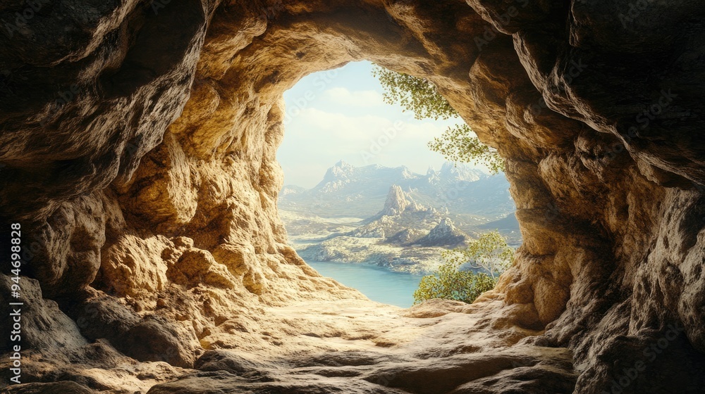 Poster 3d rendering of a view from an iron window in a cave sculpted from ancient rock
