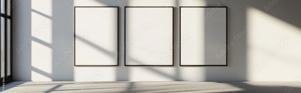 Poster abstract 3d rendering of a blank photo frame displayed on a wall in a stylish interior space