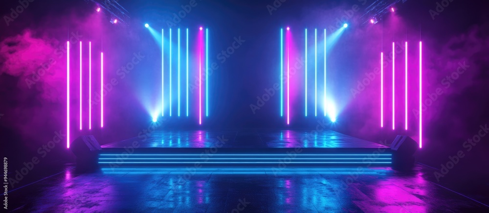 Poster 3d rendering of a vacant stage featuring neon blue and purple lights complemented by a laser show wi