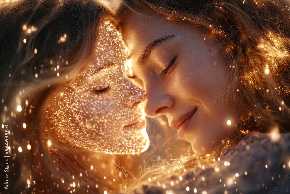 Poster warm digital rendering of a couple with glowing faces symbolizing the intimate connection of minds s