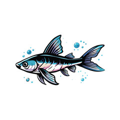 Vector silhouette of a swordtail fish with blue and white accents, isolated on a white background.