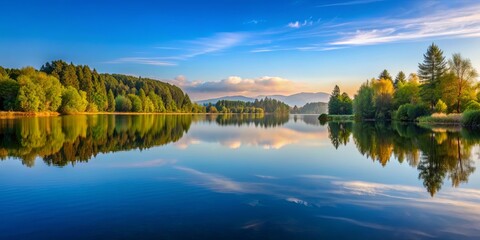 Fototapeta premium A beautiful symphony of reflections on a calm lake , symphony, reflections, water, serene, peaceful, nature, outdoors, tranquil