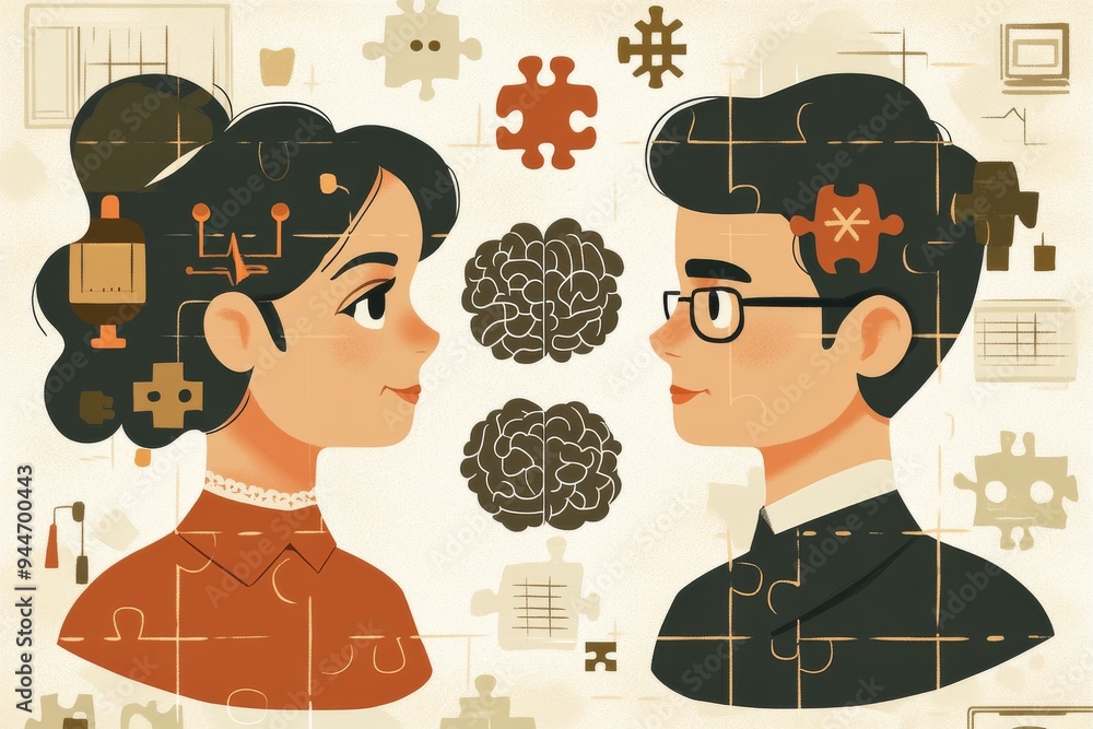 Aufkleber whimsical digital art of a couple with puzzle piece heads in a retro style symbolizing cognitive com