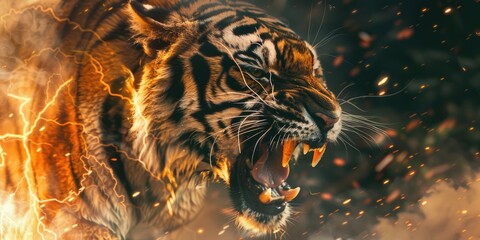 Dynamic image of a growling tiger with raised fur and crackling lightning