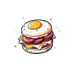 Cartoon drawing of a biscuit sandwich with bacon, egg and cheese.
