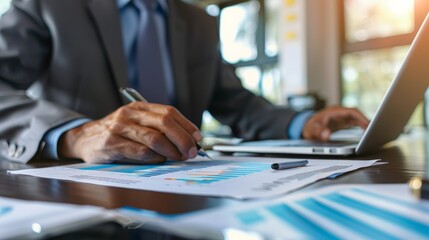 Operations manager, side view, with operations guidelines on table in office generative ai