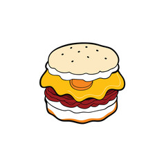 A cartoon illustration of a biscuit sandwich with bacon, egg, and cheese.