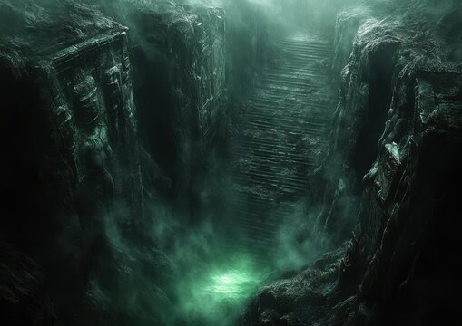 Mysterious underwater abyss with ancient ruins and green glowing light; deep sea exploration with eerie atmosphere and unknown depths