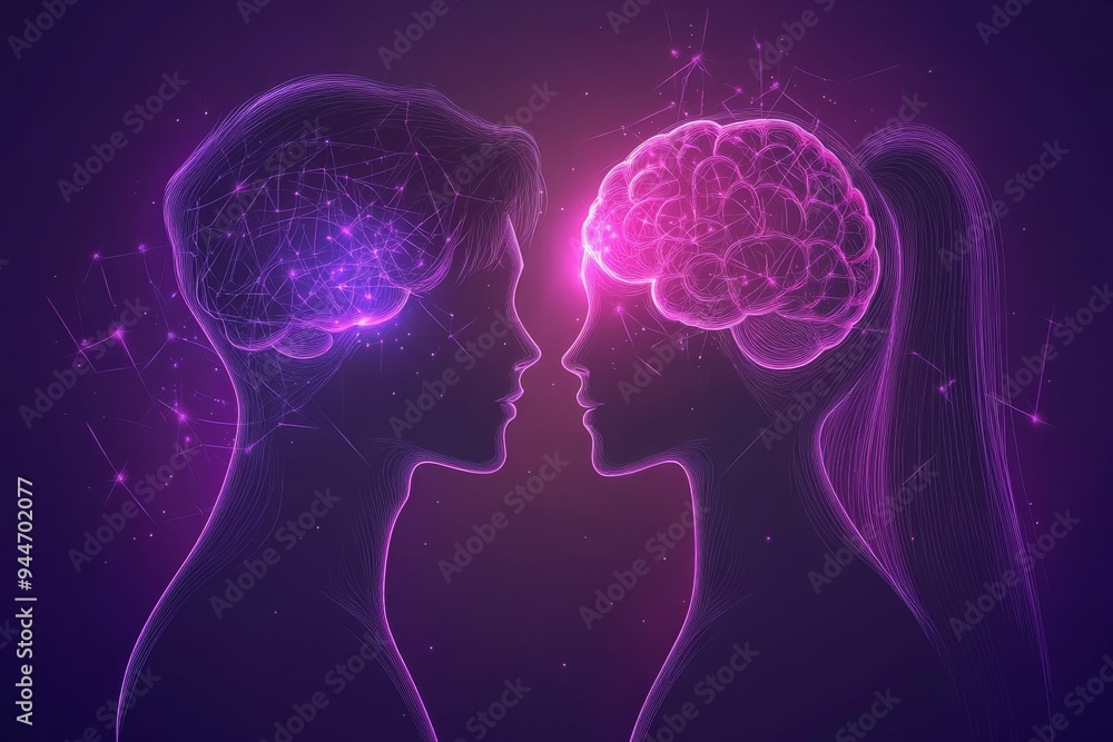 Poster surreal digital rendering of a couple with glowing brains in a purple haze symbolizing intellectual 