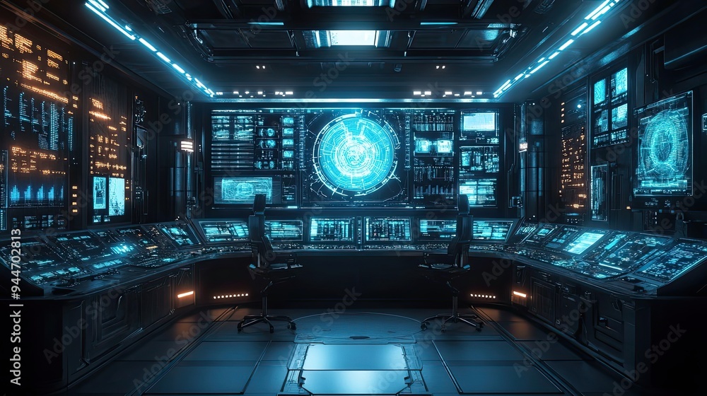 Poster futuristic command center with multiple monitors and a large central display