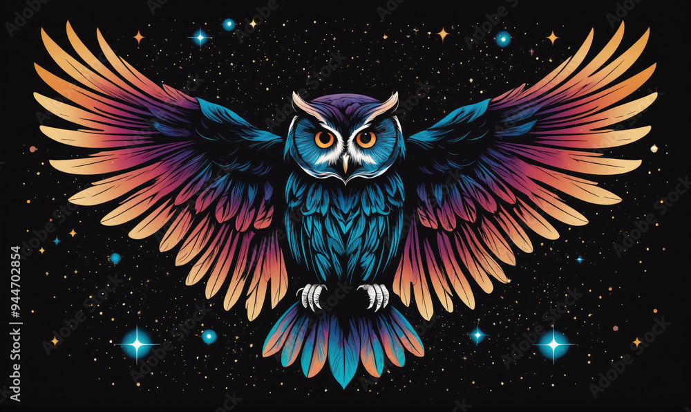 Wall mural a colorful owl spreads its wings against a dark sky with stars