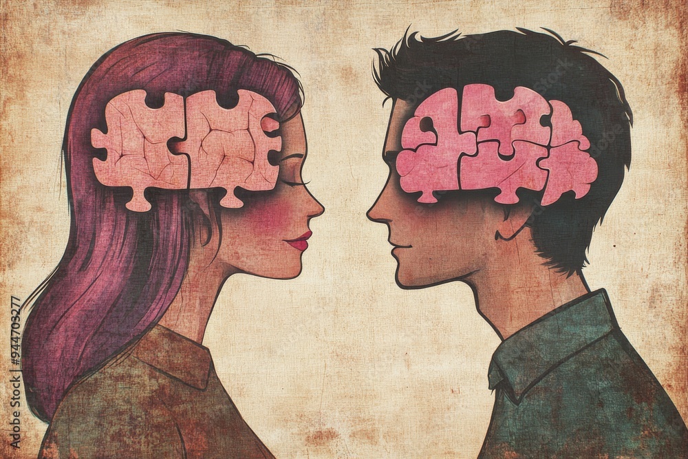 Poster puzzle piece minds conceptual illustration of cognitive compatibility between two individuals repres