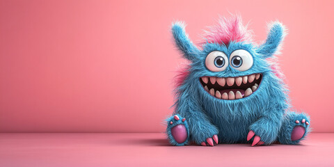 Fototapeta premium A funny monster cartoon character isolated on pink background, suitable for children's entertainment and Halloween-themed designs.