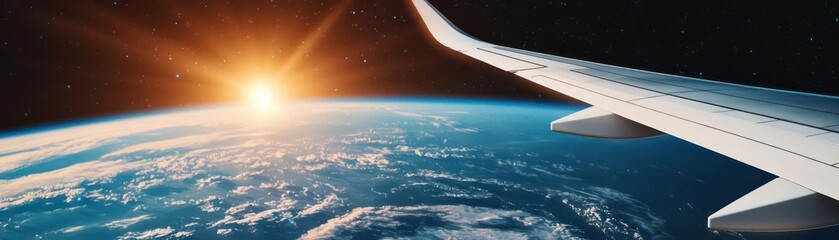 Air cargo plane wings hovering above earth, illustrating global logistics, smooth trade routes, international connectivity, expansive aerial view, dynamic commerce