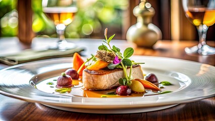 Close-up of a gourmet dish in a fancy restaurant, food, restaurant, plate, gourmet, cuisine, dining, elegant, delicious