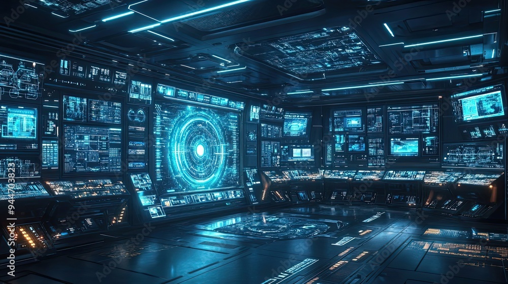 Poster futuristic control room with multiple screens displaying data and visuals