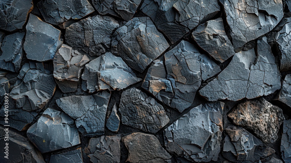 Poster close-up of dark gray fractured rock with intricate patterns.