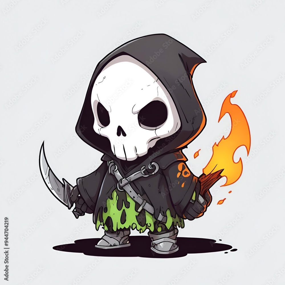 Poster cute skull character with a torch and dagger