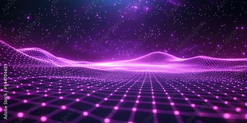 Poster abstract ultraviolet landscape depicted in a 3d cartoon rendering against a dark background featurin