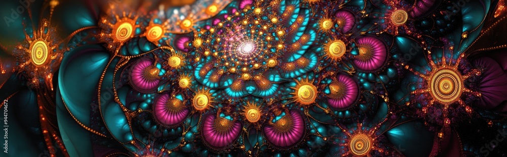 Poster Beautiful mandala depicted in a 3D cartoon rendering Abstract fractal shapes and patterns Mysterious psychedelic relaxation design Dynamic flowing natural forms Sacred geometry elements Infinite u