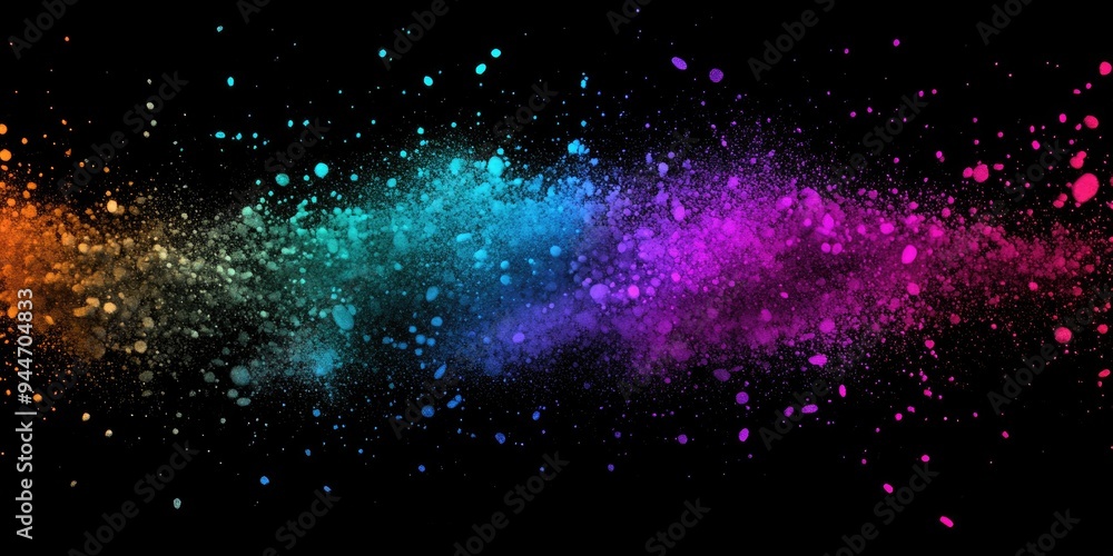 Poster Freeze motion of multicolored particles in 3D cartoon rendering on a black background Abstract explosion of colored granules Texture of color dust overlay
