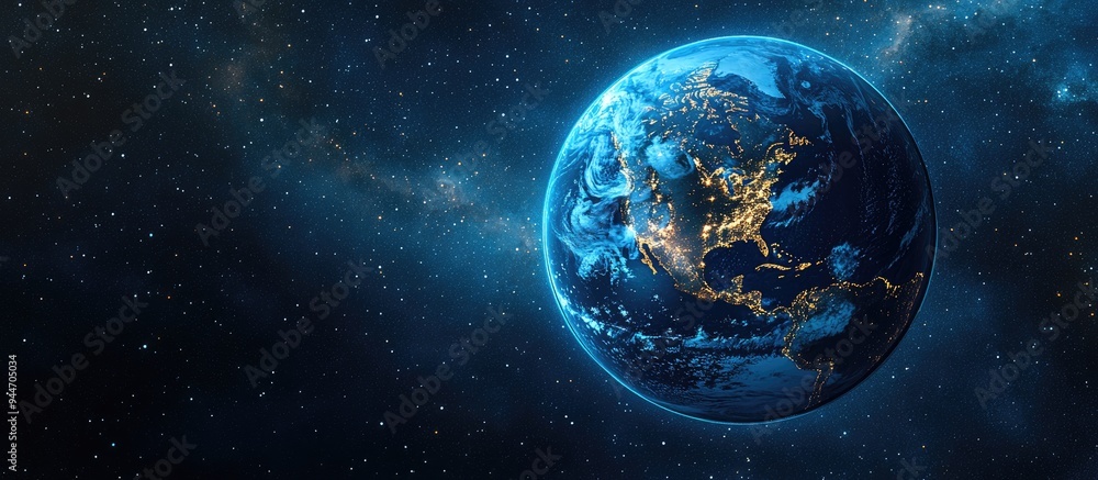 Poster 3d cartoon rendering showcasing a blue planet earth from space highlighting the continent at night f