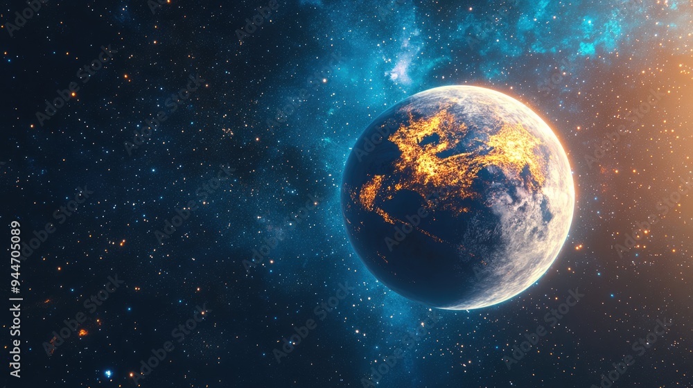 Poster Planet in the universe depicted in 3D cartoon rendering