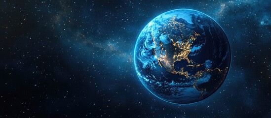 Obraz premium 3D cartoon rendering showcasing a blue planet Earth from space highlighting the continent at night featuring a globe with a blue glow and sunlight during sunrise set against a backdrop of stars