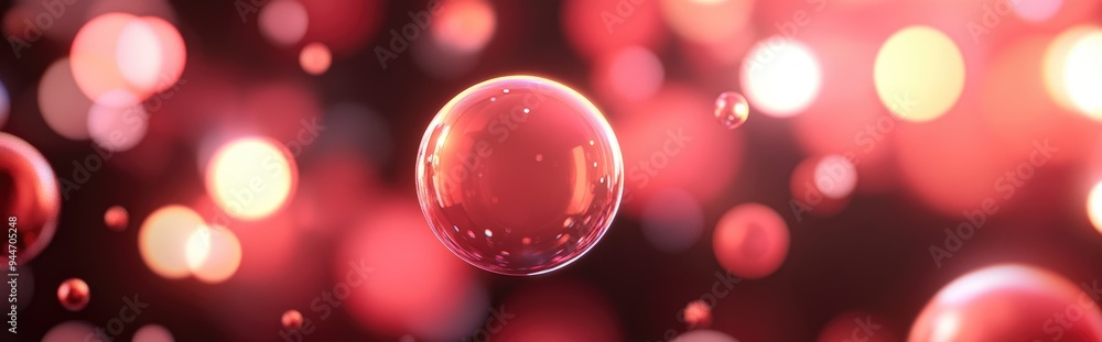Poster Red blurred glowing circles in a 3D cartoon rendering An abstract illustration featuring shiny lights and blurred neon round objects creating a background with gleaming flares