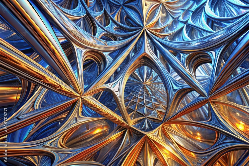 Poster intricate metallic patterns intertwine to form a dazzling abstract structure, illuminated by a warm 