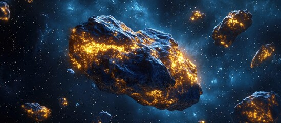 Obraz premium Meteorites in a 3D cartoon rendering showcasing deep space imagery perfect for science fiction fantasy enthusiasts High resolution quality makes it suitable for wallpaper and print