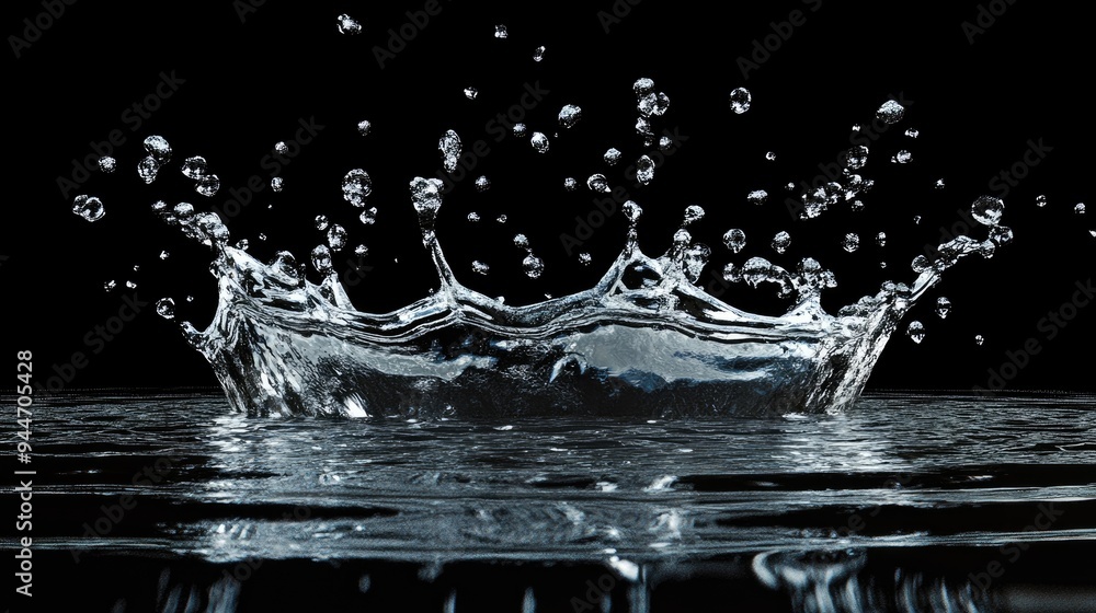 Poster splashing water in a 3d cartoon rendering against a black background