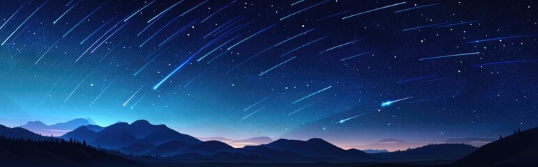 Night sky with a dark blue backdrop features a 3D cartoon rendering of star trails meteors flying across and stunning star effects