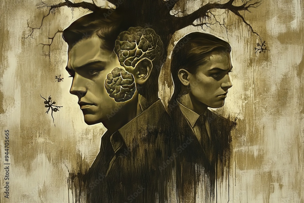 Poster Monochrome Cognitive Duality A Black and White Artistic Illustration of Two Minds in Profile Representing Contrasting Thoughts and Diverging Mental Pathways