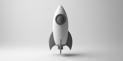 Monochrome illustration of a rocket icon in a 3D cartoon rendering against a white background