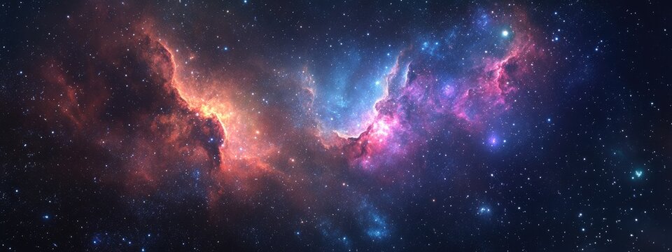 Rendering of a 3D cartoon depiction featuring a star field and a nebula in the depths of space