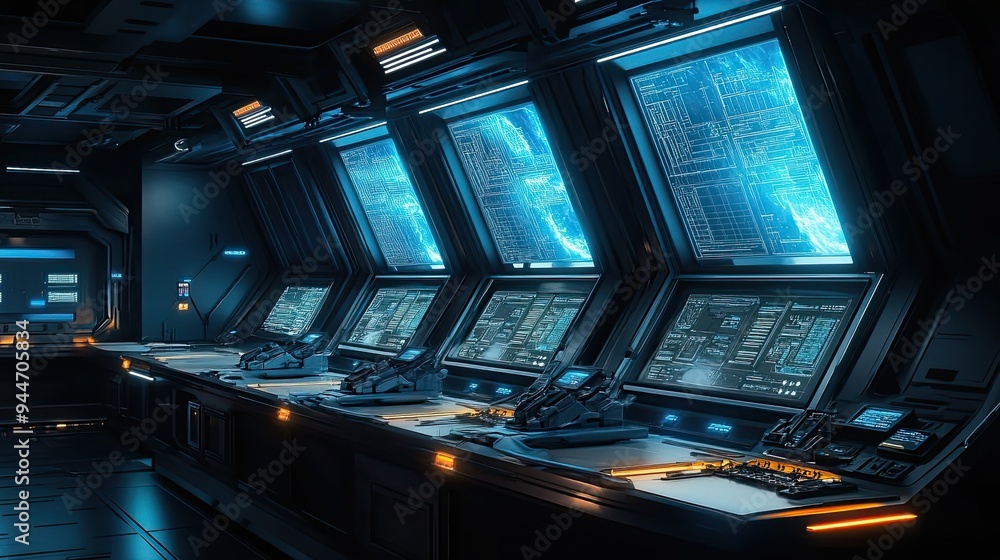 Poster futuristic control room with multiple screens and interfaces