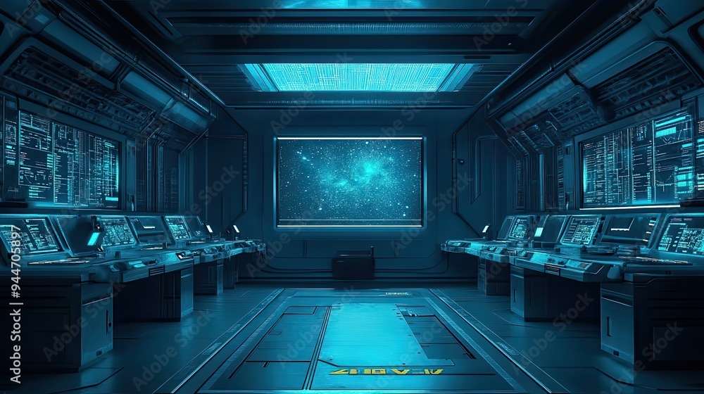 Poster futuristic spaceship bridge with galaxy display and computer consoles