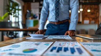 Sales manager, side view, with sales reports on table in office generative ai