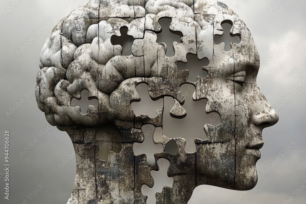 Poster fragmented mind an artistic visualization of a human head composed of puzzle pieces representing com