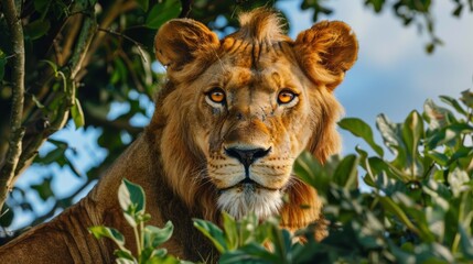 Fototapeta premium African lion peering through dense foliage, its golden eyes exuding strength and determination. Perfect for wildlife photography and conservation campaigns.