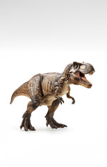 Fototapeta premium Tyrannosaurus Rex toy is showcased against a white background, highlighting its realistic texture and fierce expression. This model is perfect for dinosaur enthusiasts and collectors alike.