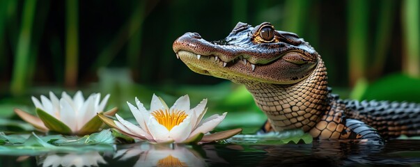 Obraz premium A serene alligator resting among water lilies, showcasing nature's elegance and wildlife beauty in a vibrant habitat.