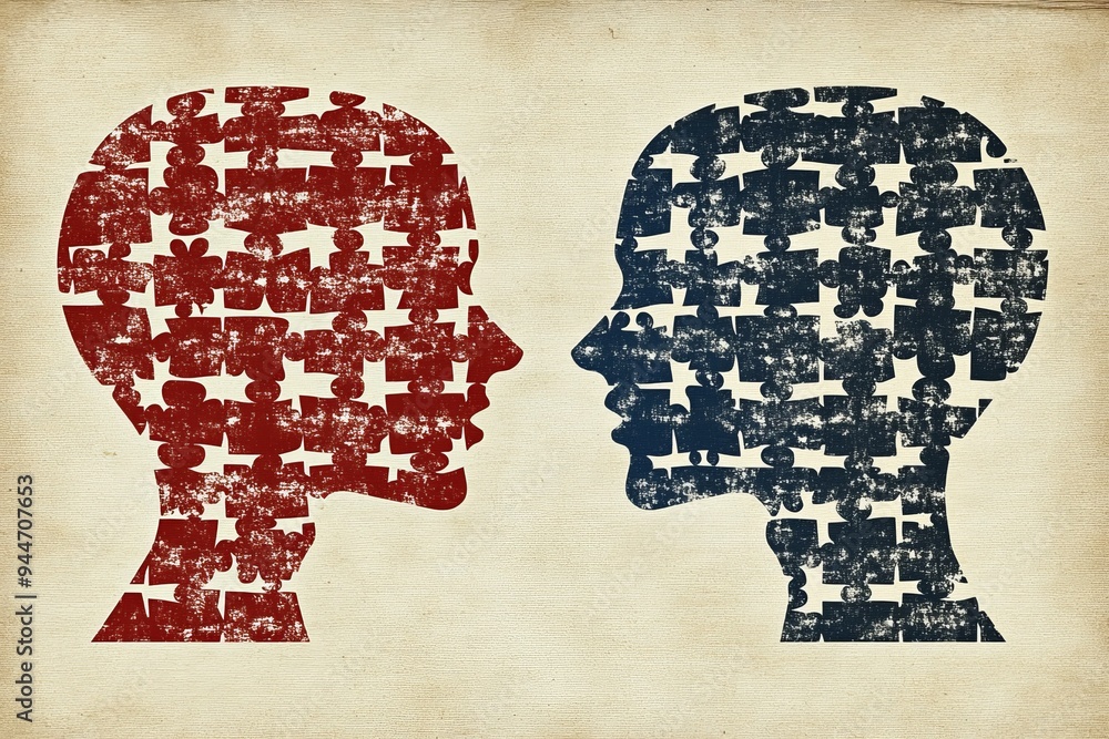 Poster puzzle headed conversation a conceptual illustration of two human profiles made of puzzle pieces rep