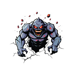 A realistic vector illustration of a monstrous, hulking monster breaking through a wall with glowing red eyes.