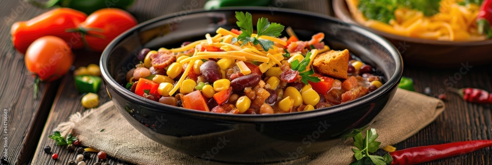 Sticker Bowl filled with pinto beans, served with bacon, cornbread, salad, tomatoes, peppers, corn, and cheddar cheese on a dark wooden table.