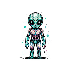 A realistic vector illustration of a blue alien with bioluminescent features, standing on a white background with scattered blue and gray dots.
