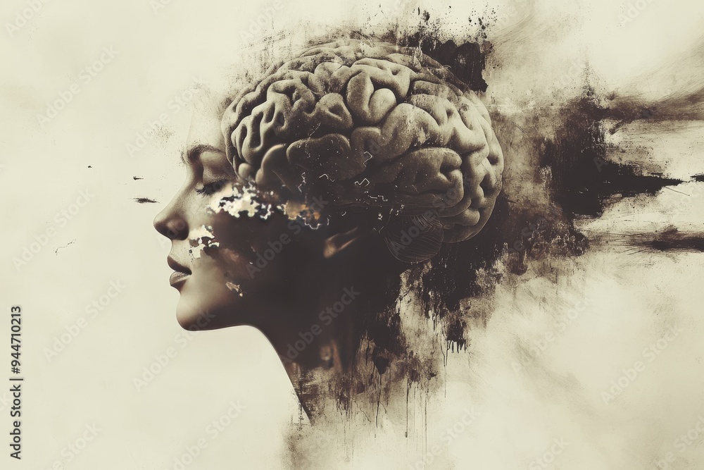 Poster fractured mind a surreal artistic illustration of a womans head disintegrating into abstract pieces 